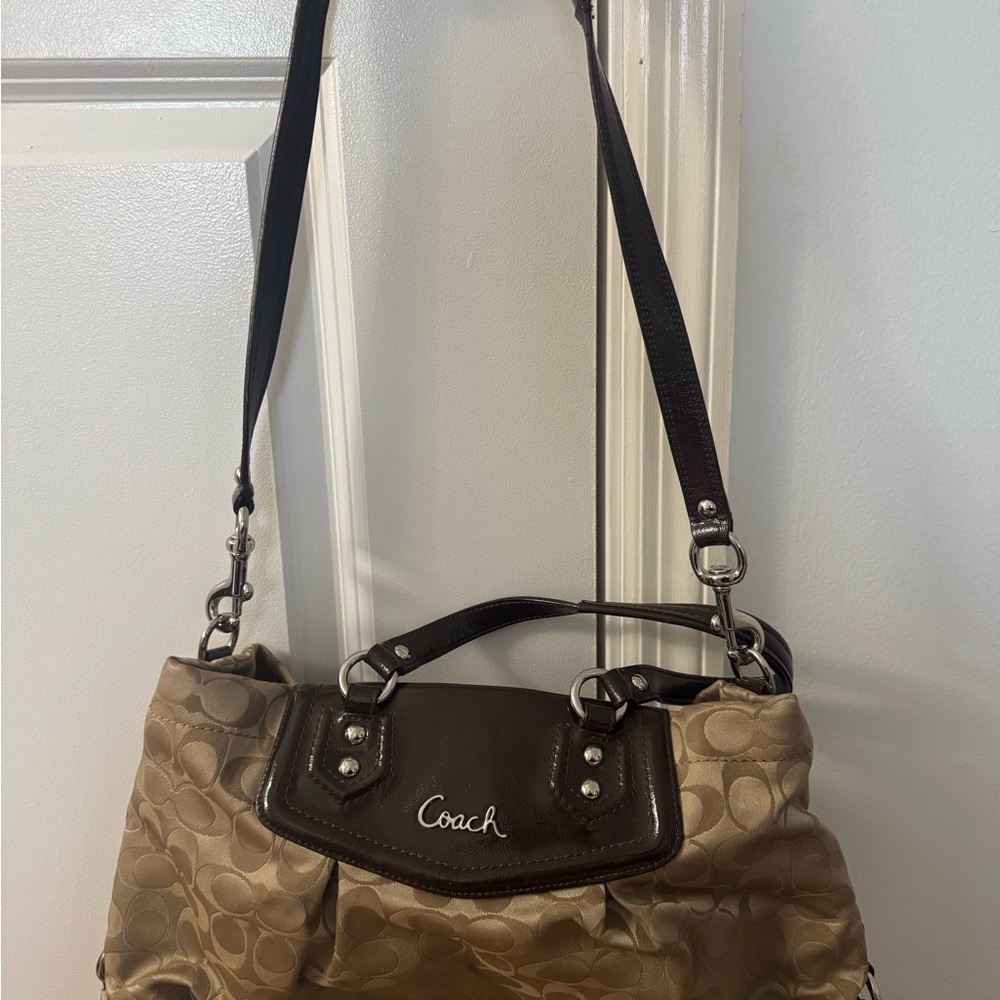 Coach Tan and Brown Signature Shoulder Bag